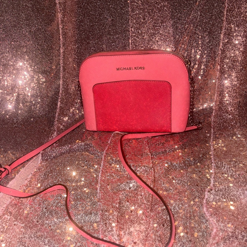 Michael Kors Cindy Colorblock Leather Crossbody Bag Coral/Watermelon